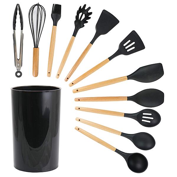 MegaChef Tool Wooden Cookware Utensil Set, 12 Piece, Black and Wood Texture