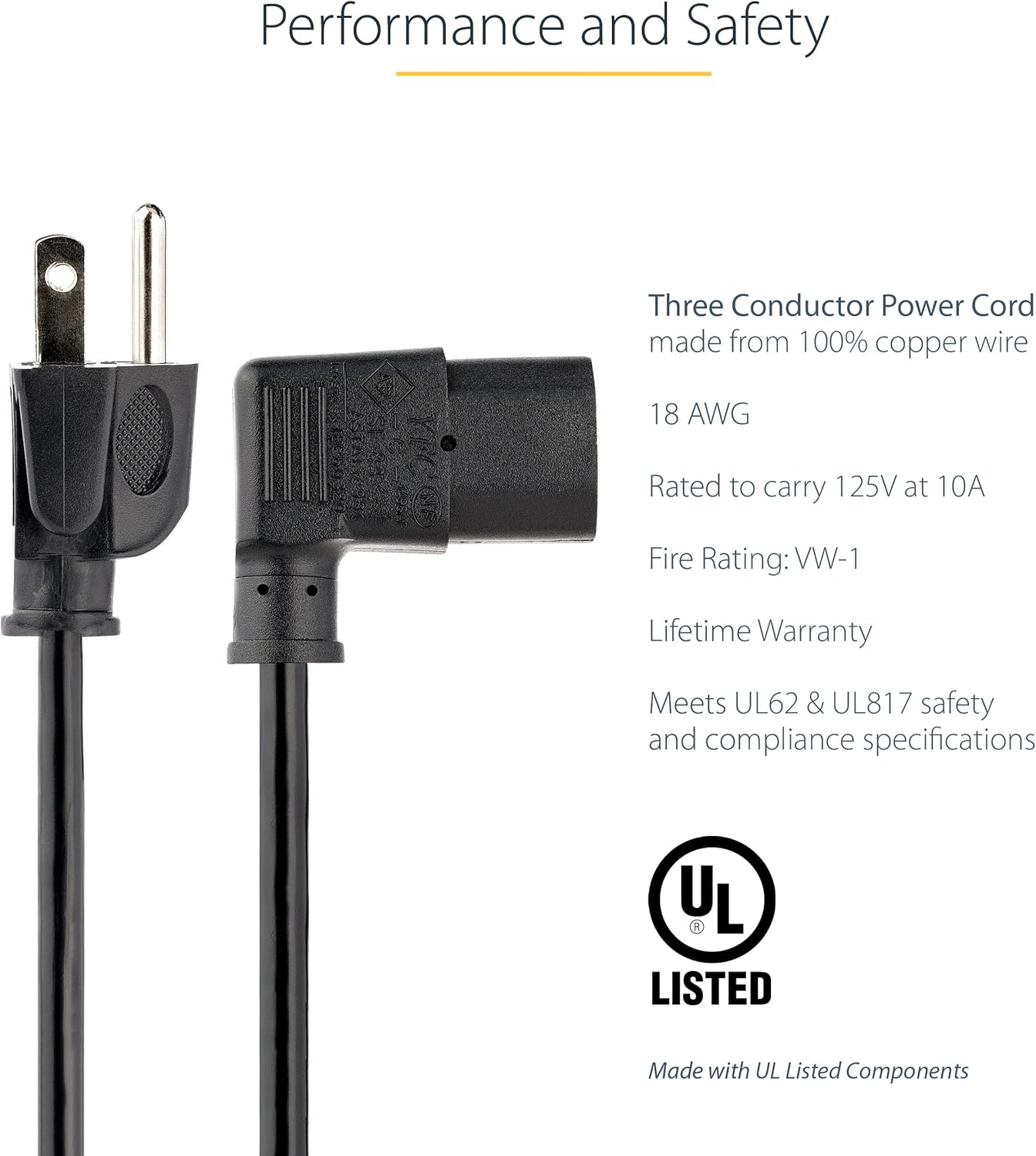 StarTech.com Computer Power Cord NEMA 5-15P to IEC C13 18AWG 125V 10A