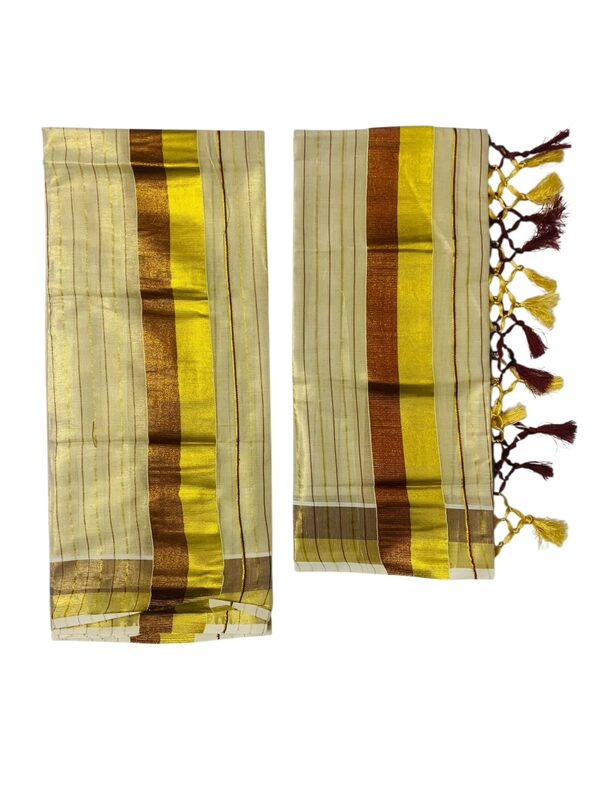 Women's Kuthampully Kerala Kasavu Set mundu Tissue with Kunjam | Kerala Tissue set mundu latest collections | Kuthampully set mundu - Multi color KTM-902 (Brown-Gold)