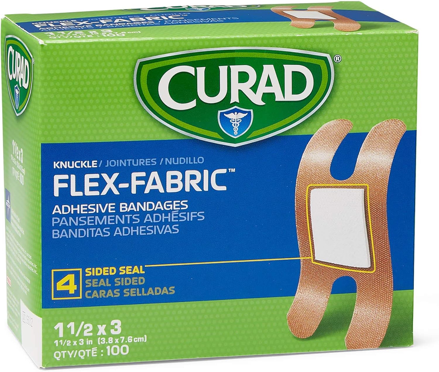 CURAD Flex-Fabric Adhesive Knuckle Bandages, 1.5 x 3 in, 100 Count