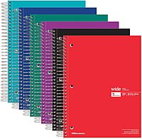 Office Depot® Wirebound Notebooks, 8" x 10-1/2", 5 Subjects, Wide Ruled, 180 Sheets, Assorted Colors, Pack Of 6 Notebooks