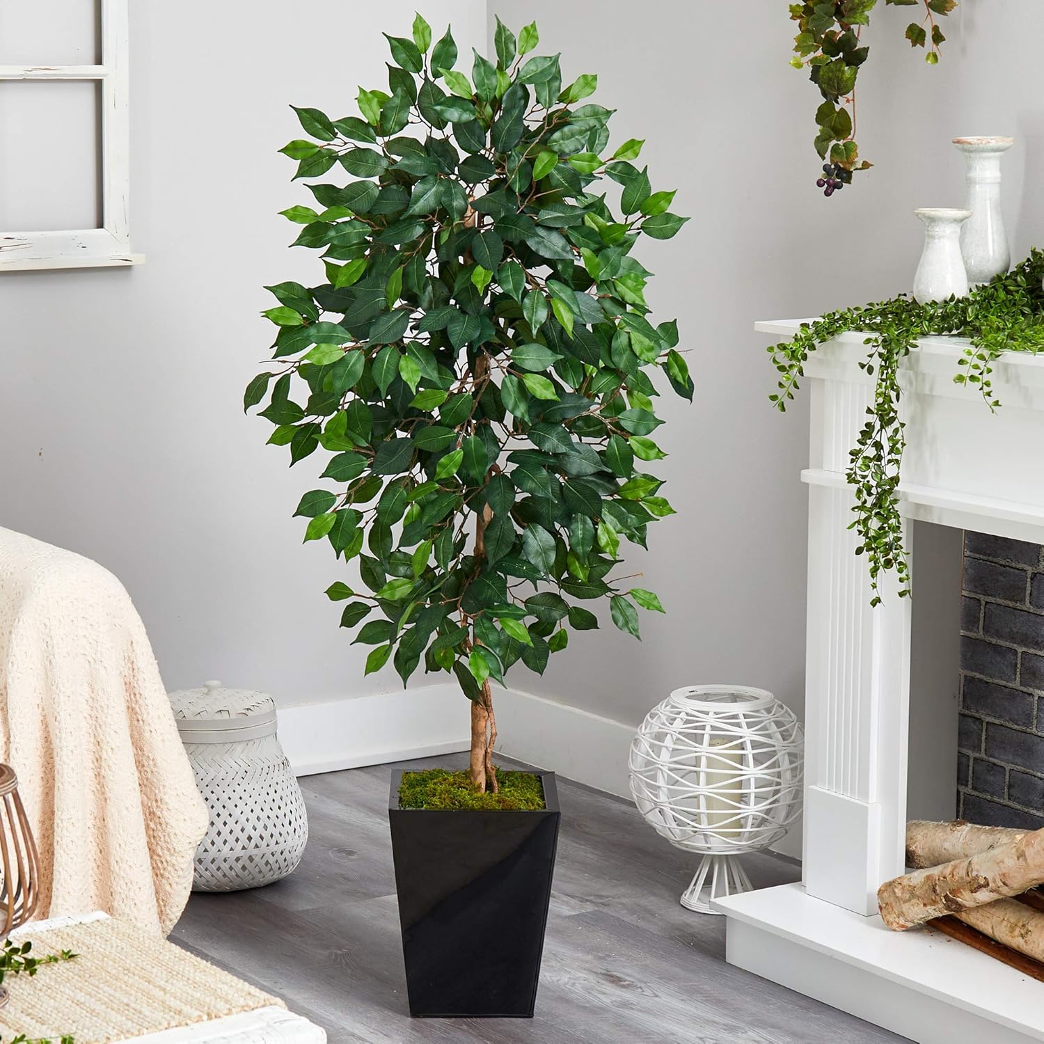 Nearly Natural Ficus 60inH Artificial Plant With Metal Planter, 60inH x 21inW x 19inD, Green/Black