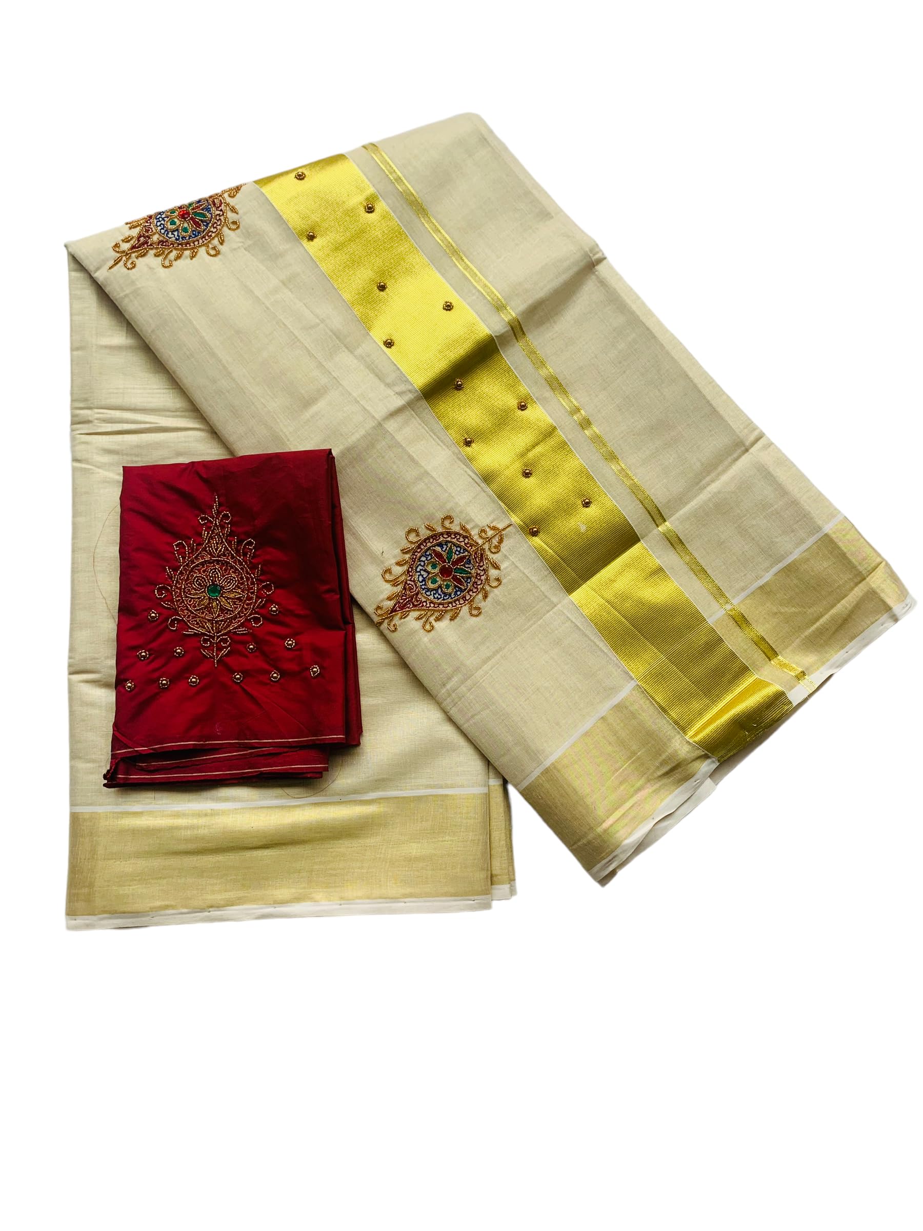 Kuthampully Kerala Kasavu Sarees For Women | Handcrafted Aari work Kerala Sarees | Tissue Onam Saree With Running Blouse | South Indian Sarees | Onam Saree EKM-806-Maroon
