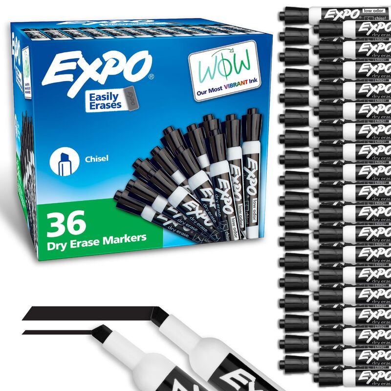 EXPO Dry Erase Markers Chisel Tip Black Low-Odor Perfect for Whiteboards Non-Porous Surfaces & Home Offices (Pack of 1 36 Count Total) 36 Count (Pack of 1)
