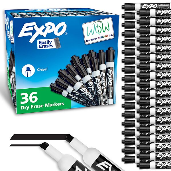 EXPO Dry Erase Markers Chisel Tip Black Low-Odor Perfect for Whiteboards Non-Porous Surfaces & Home Offices (Pack of 1 36 Count Total) 36 Count (Pack of 1)