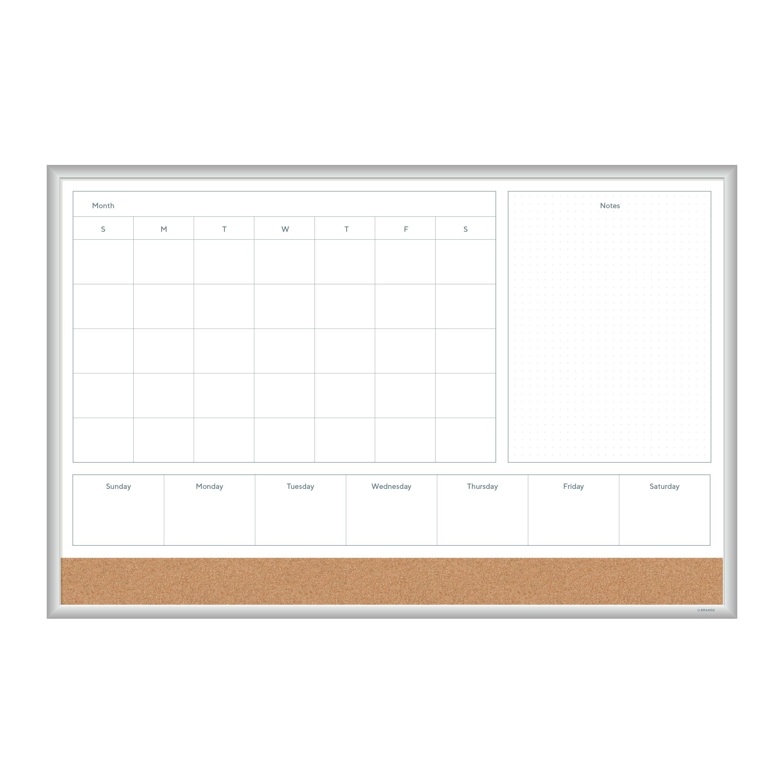 U Brands Magnetic Dry Erase 4-in-1 Calendar Board, Silver Aluminum Frame