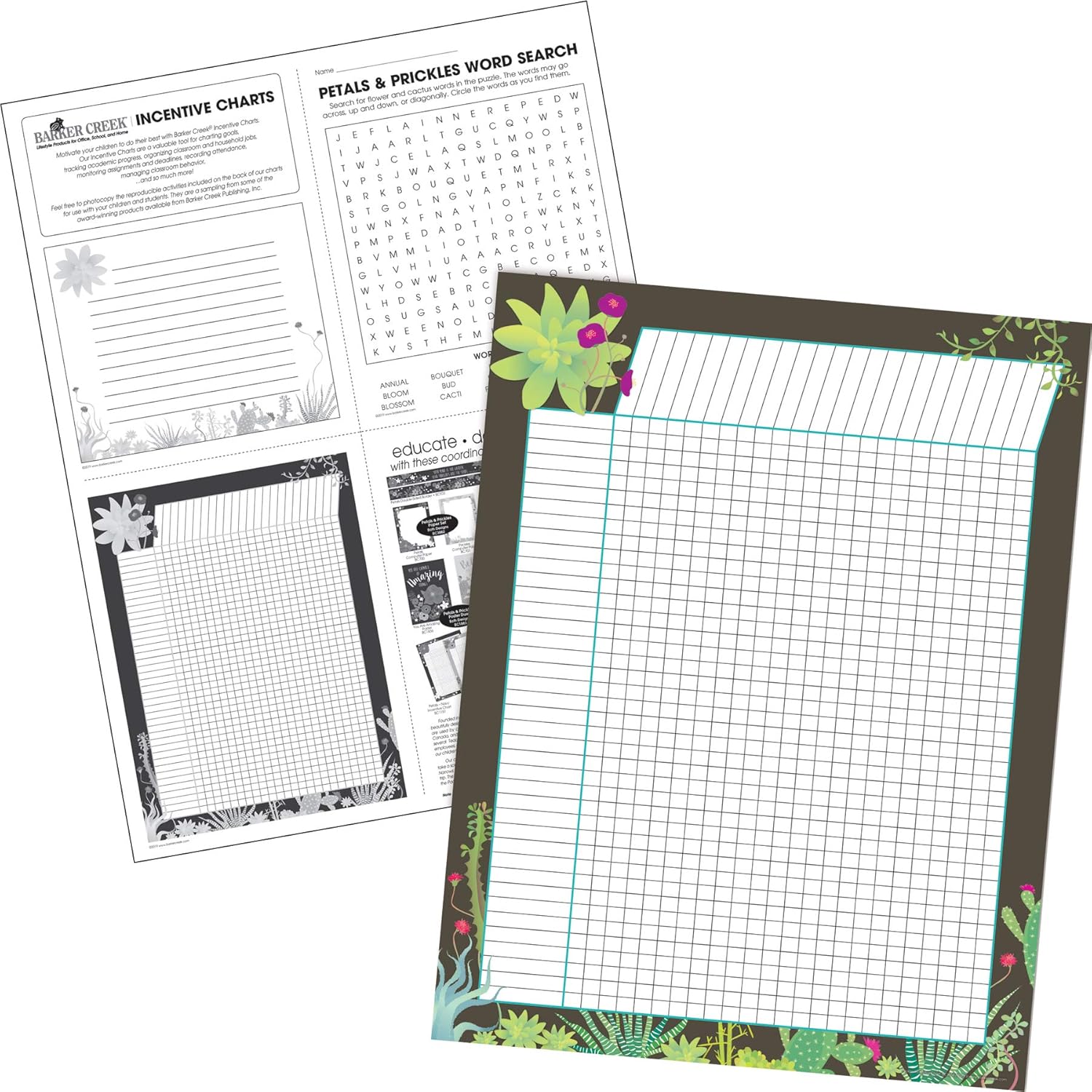 Barker Incentive Chart 4-Pack - Prickles, Track Chores, Assignments, and More! Coloful Succulents on a Chocolate Background