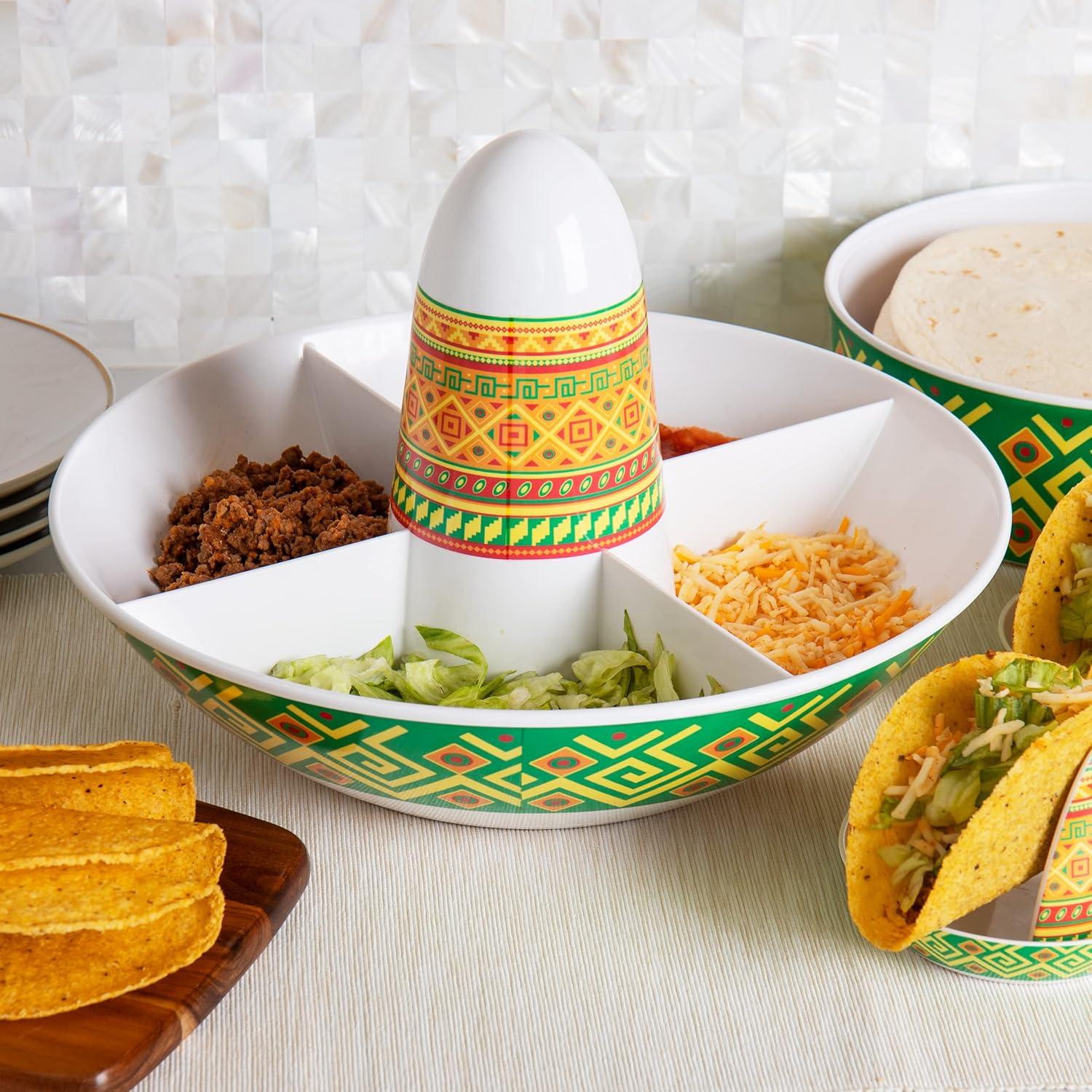 Mind Reader Taco Holders and Divided Serving Carousel Set, Taco Tuesday, Melamine, 12.5"L x 12.5"W x 8.25"H, 5 pcs