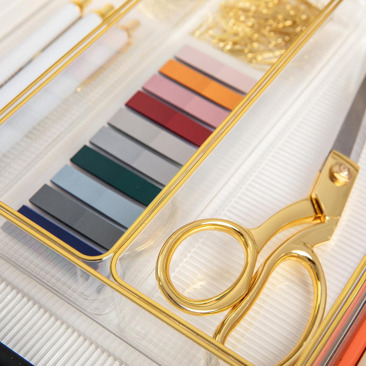 Martha Stewart Kerry Plastic Stackable Office Desk Drawer Organizers with Gold Trim