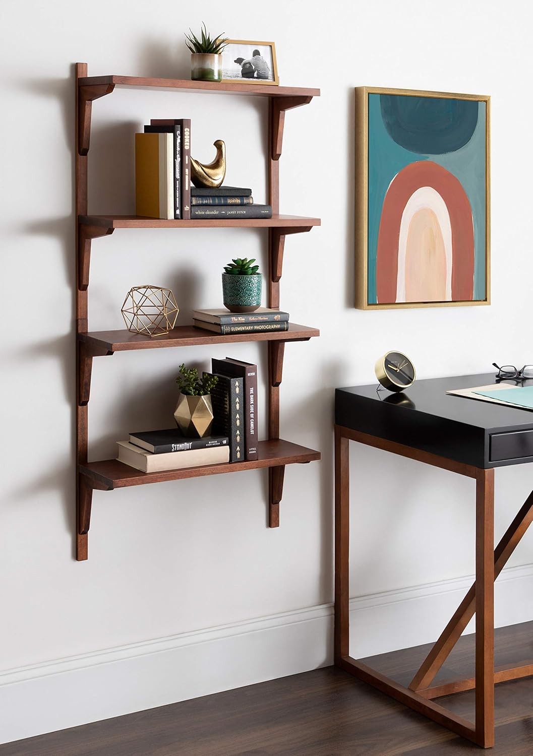 Kate and Laurel Meridien Mid-Century Wall Shelves, 24" x 8" x 24", Walnut