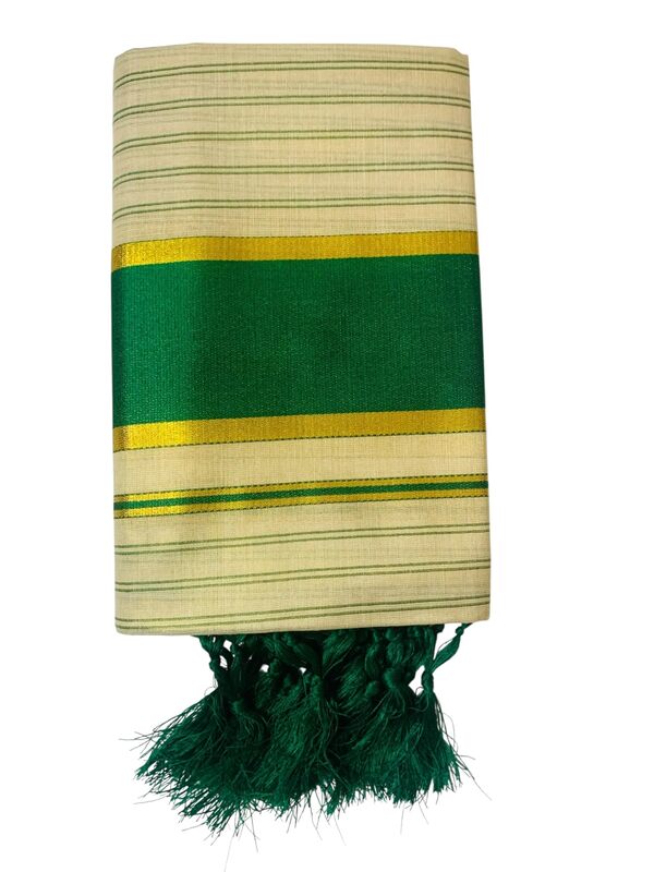 Women's Kuthampully Kerala Kasavu Set mundu Tissue with Kunjam | Kerala Tissue set mundu latest collections | Kuthampully Stripe Kasavu set mundu - Multi Color KTM-901 (Green)