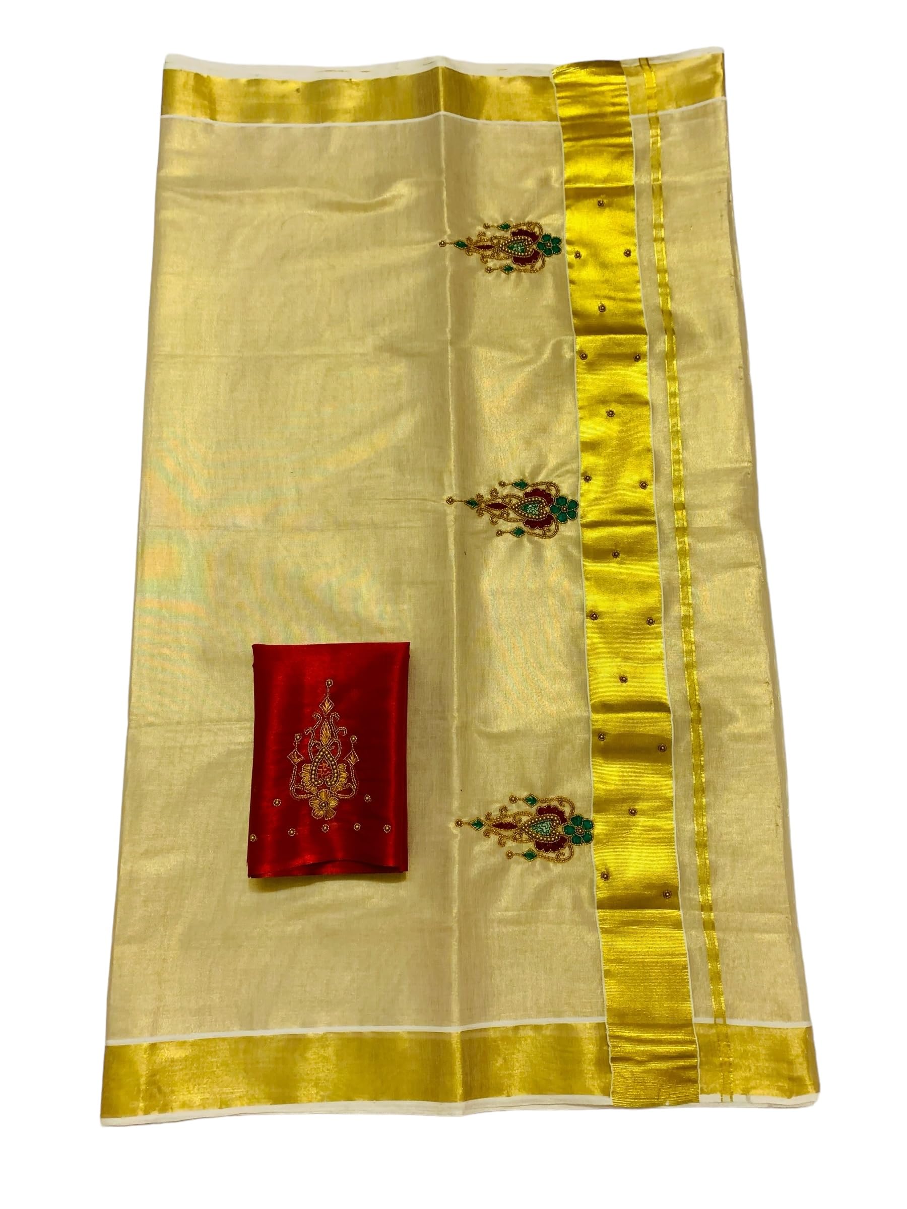 Kuthampully Kerala Kasavu Sarees For Women | Handcrafted Aari work Kerala Sarees | Tissue Onam Saree With Running Blouse | South Indian Sarees | Onam Saree EKM-837 (Maroon)