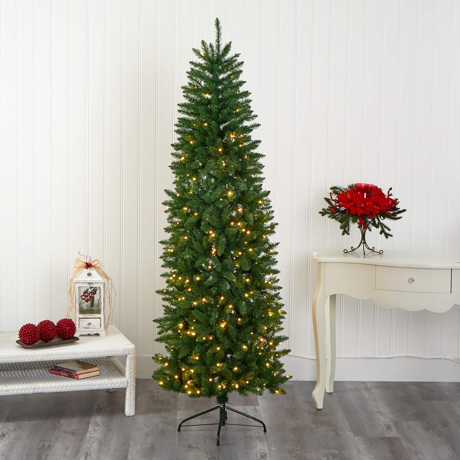Nearly Natural 6.5ft. Slim Green Mountain Pine Artificial Christmas Tree with 300 Clear LED Lights 6ft 6in Green