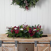 Nearly Natural 24in. Holiday Berries, Pinecones and Eucalyptus Christmas Artificial Arrangement Cutting Board Wall Décor or Table Arrangement
