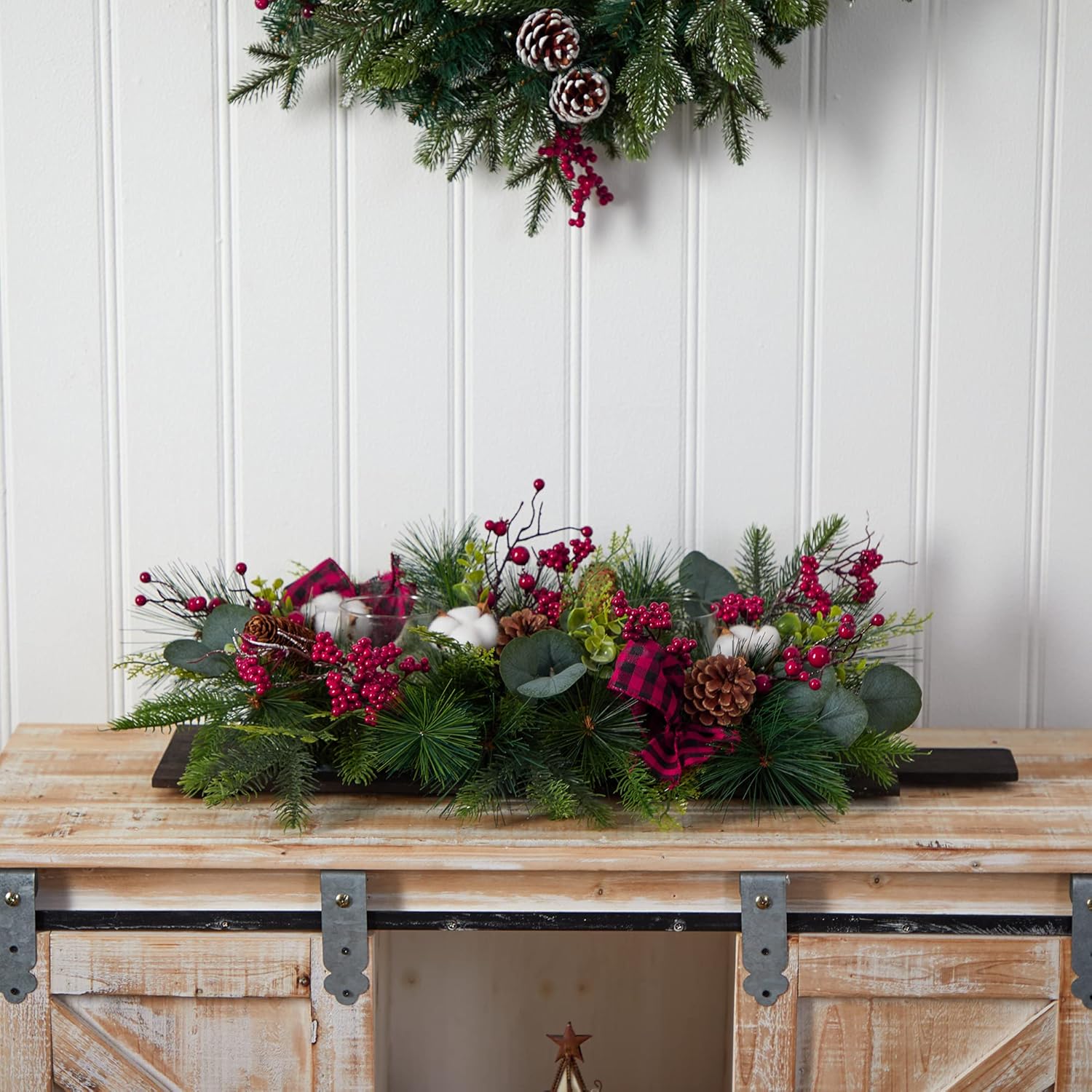 Nearly Natural 24in. Holiday Berries, Pinecones and Eucalyptus Christmas Artificial Arrangement Cutting Board Wall Décor