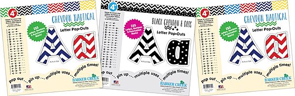 Barker Creek Letter Pop-Out Set of 3, 4" Chevron, Mixed-Design, 255 Upper and Lowercase Letters, Numbers, and Punctuation Marks in Each of 3 Designs, 765 Characters Total (4303)