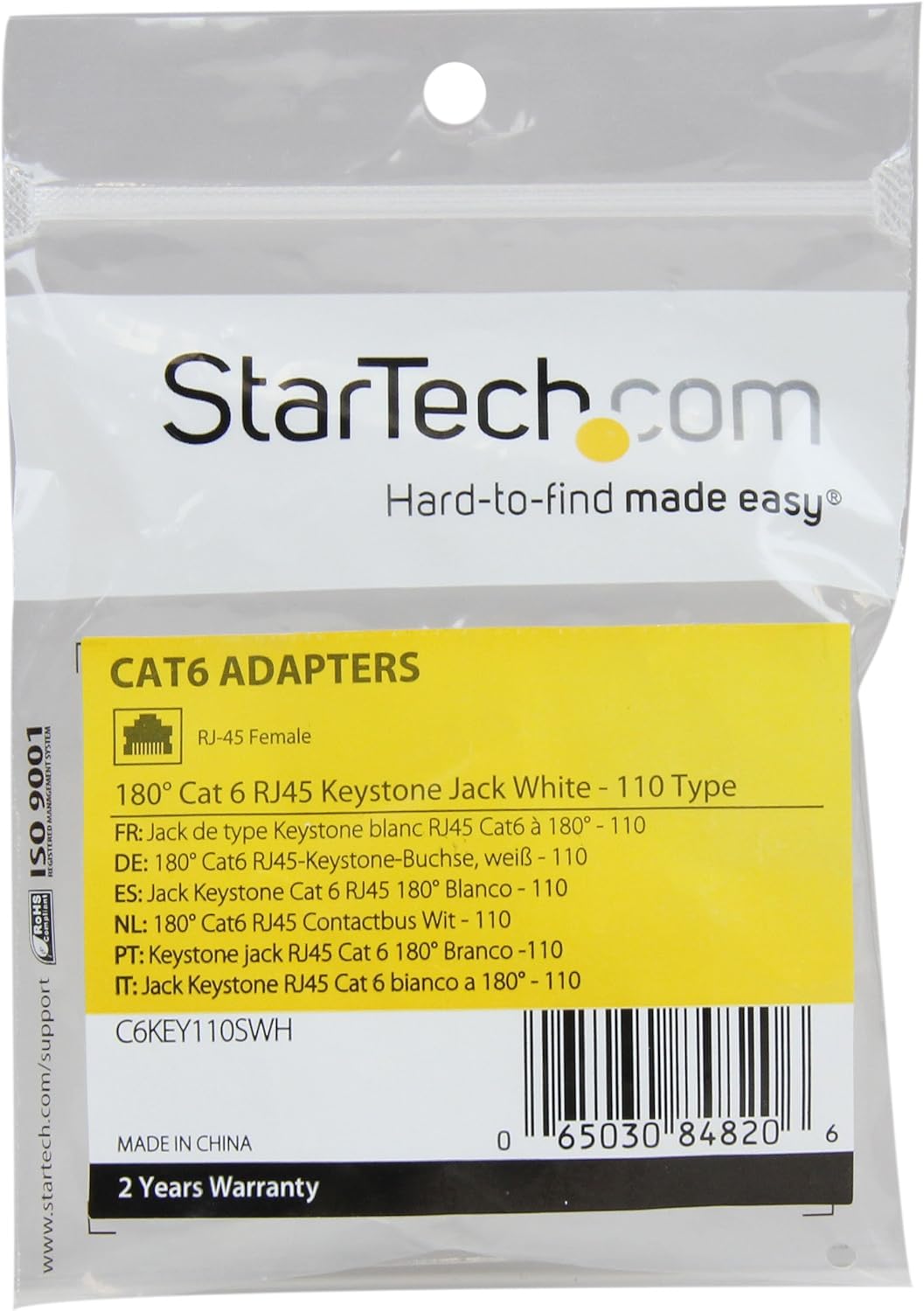 StarTech.com 180 Degree Cat 6 Keystone Jack - RJ45 Ethernet Cat6 Wall Jack White - 110 Type