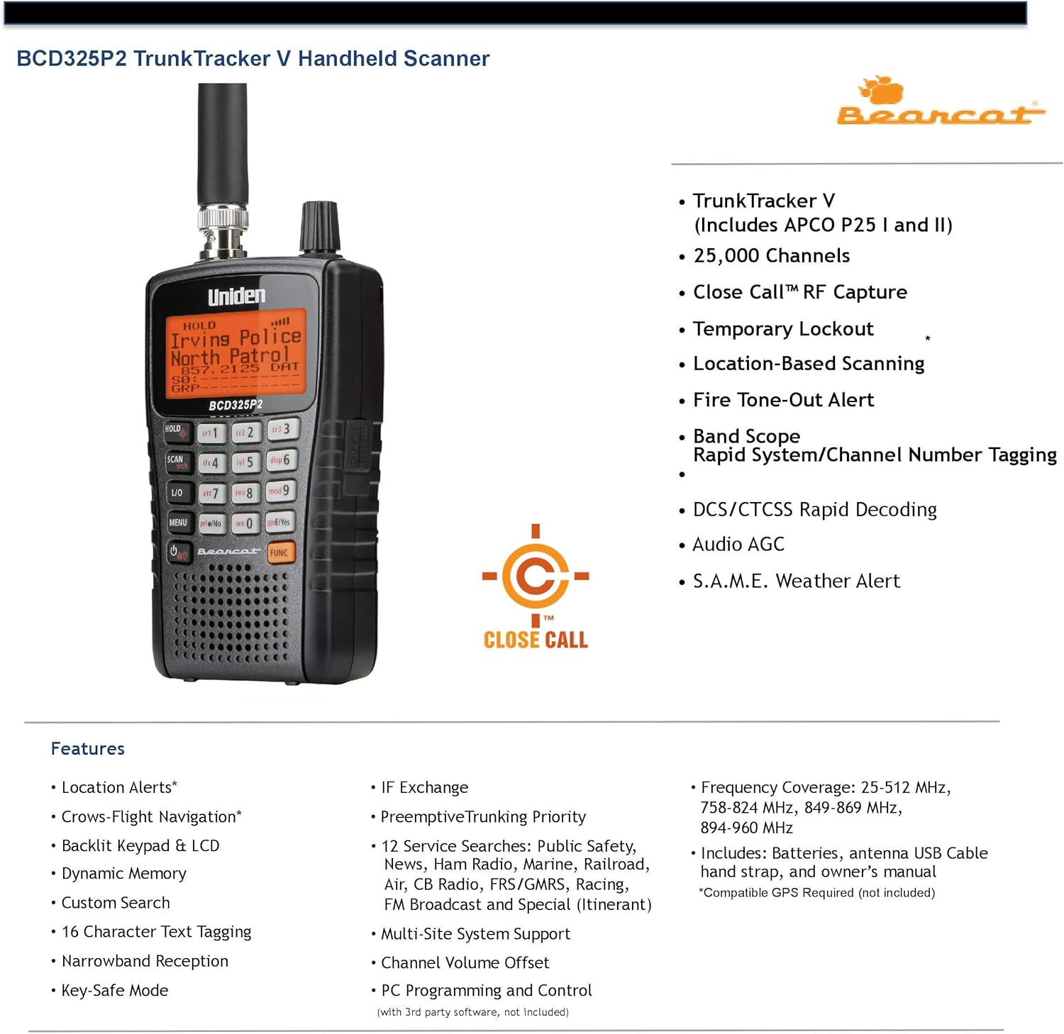 Uniden BCD325P2 Handheld TrunkTracker V Scanner. 25,000 Dynamically Allocated Channels. Close Call RF Capture Technology