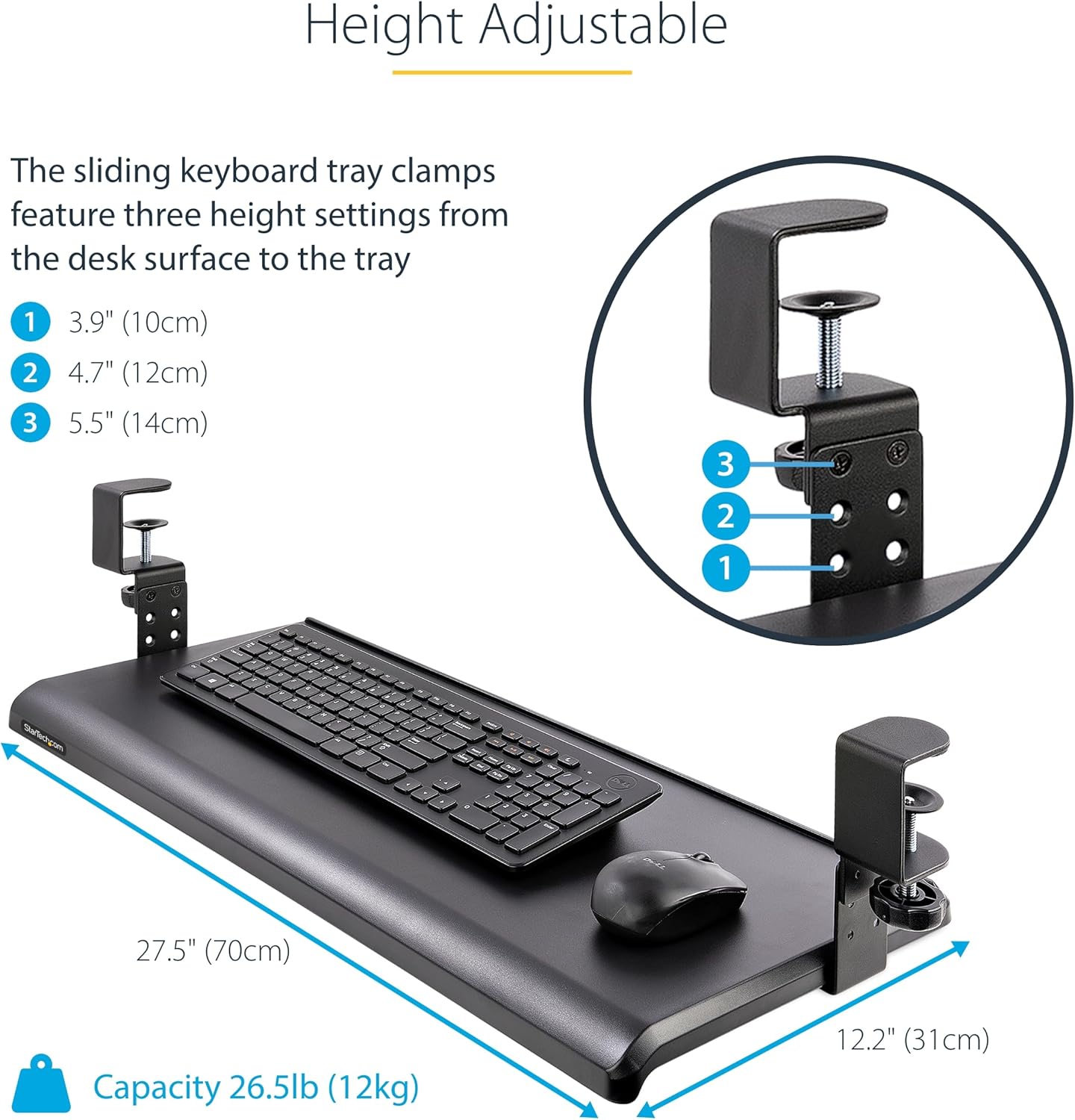 StarTech.com Under-Desk Keyboard Tray, Clamp-on Ergonomic Keyboard Holder, Up to 12kg (26.5lb)