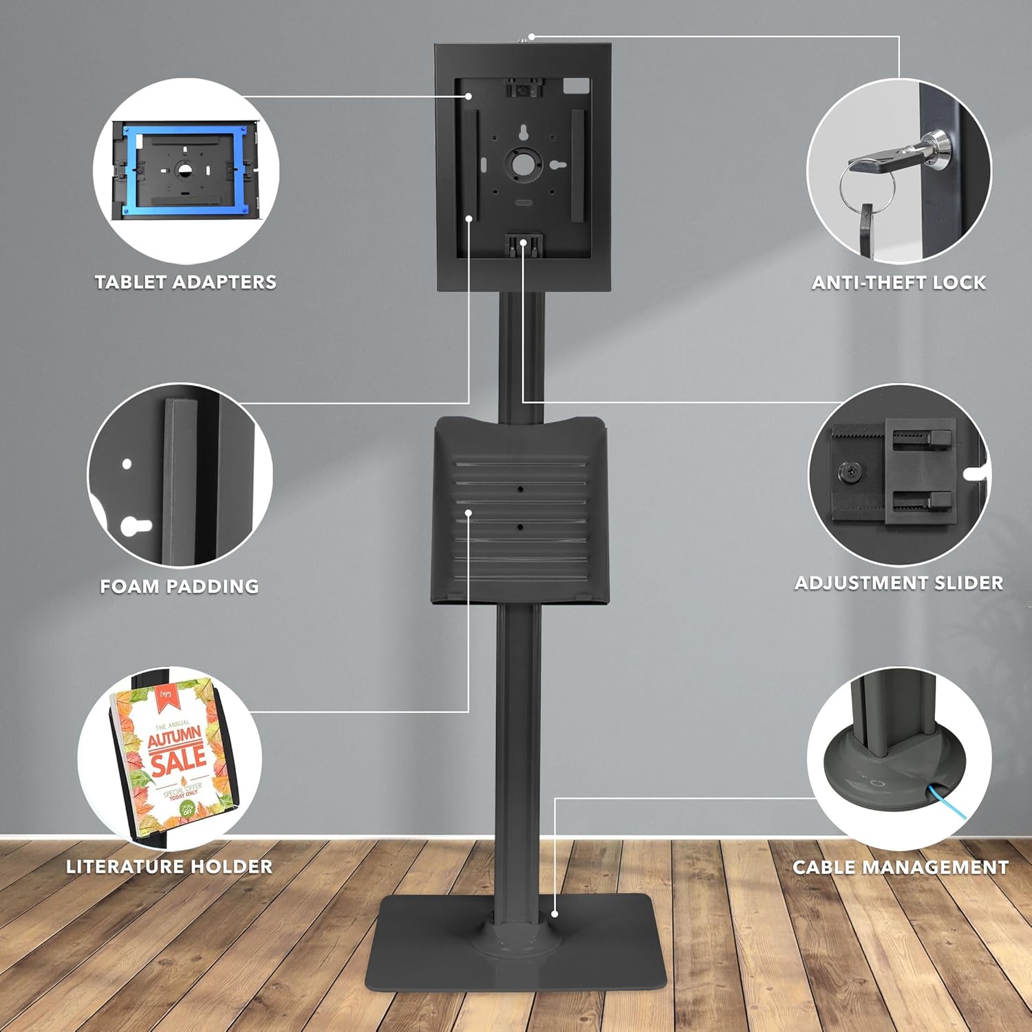 Mount-It! Anti-Theft Floor Stand Compatible with iPad, Contact-Less Universal Lockable Tablet Kiosk