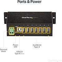 StarTech.com 7-Port USB 2.0 Hub - Metal Industrial USB-A Hub with ESD Protection & 350W Surge Protection - Din Rail