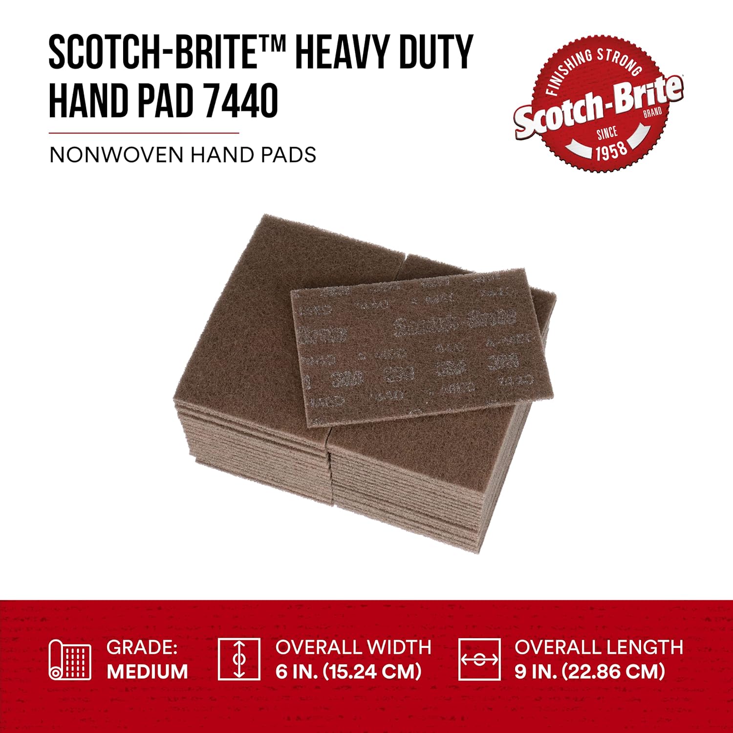 3M Scotch-Brite Heavy Duty Hand Pad 7440B, 6 in x 9 in, Pack of 40, Hand Sanding Pad - Metal Deburring and Finishing Pad