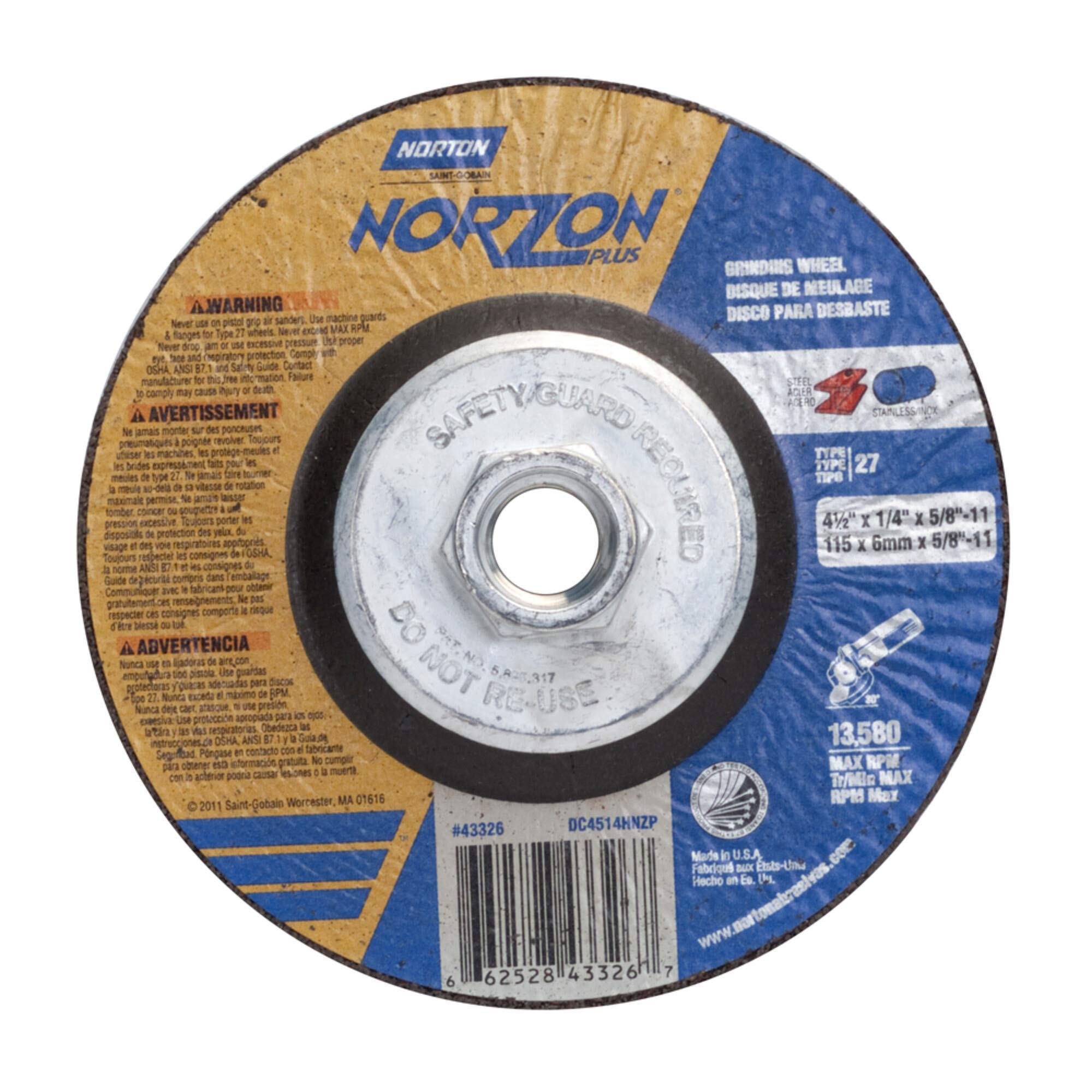 Norton 547-66252843326 Depressed Center Grinding Wheel, 4 1/2" Diameter, 1/4" Thick, Zirconia (Pack of 10)