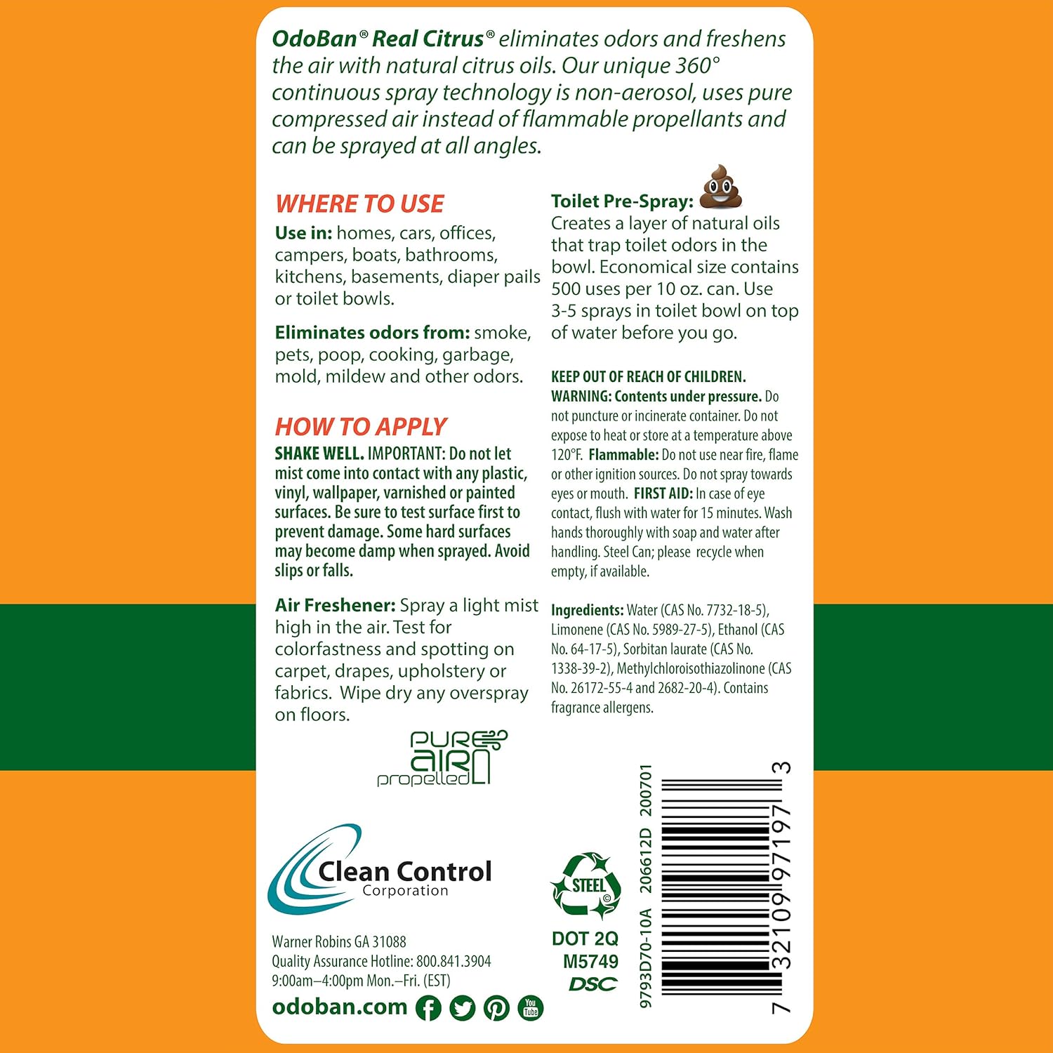 OdoBan Aroma Eliminator, 360-Degree Continuous Spray Natural Oil Real Citrus Air Freshener, Toilet Spray, Made in the USA