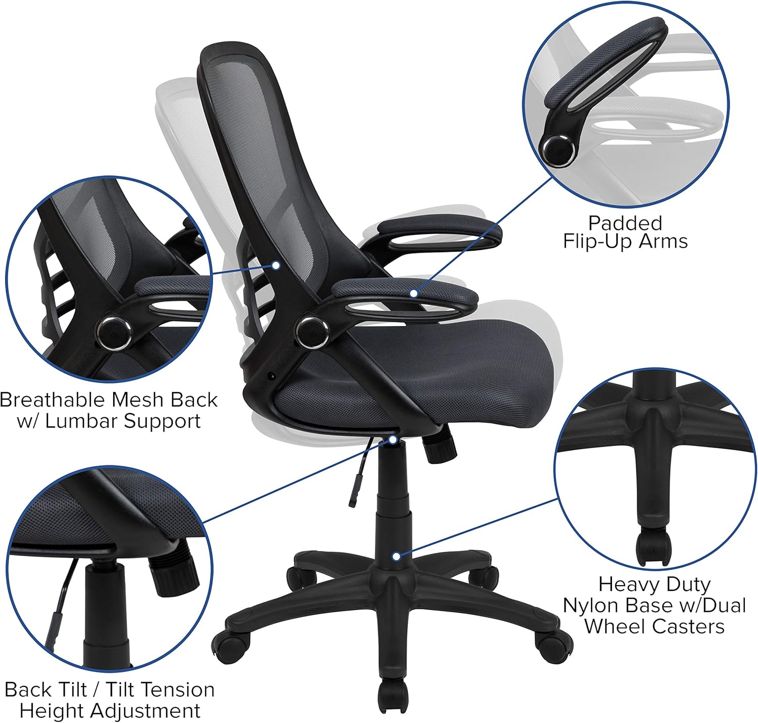 Flash Furniture Porter High-Back Mesh Ergonomic Swivel Office Chair with Adjustable Lumbar Support and Flip-Up Armrests