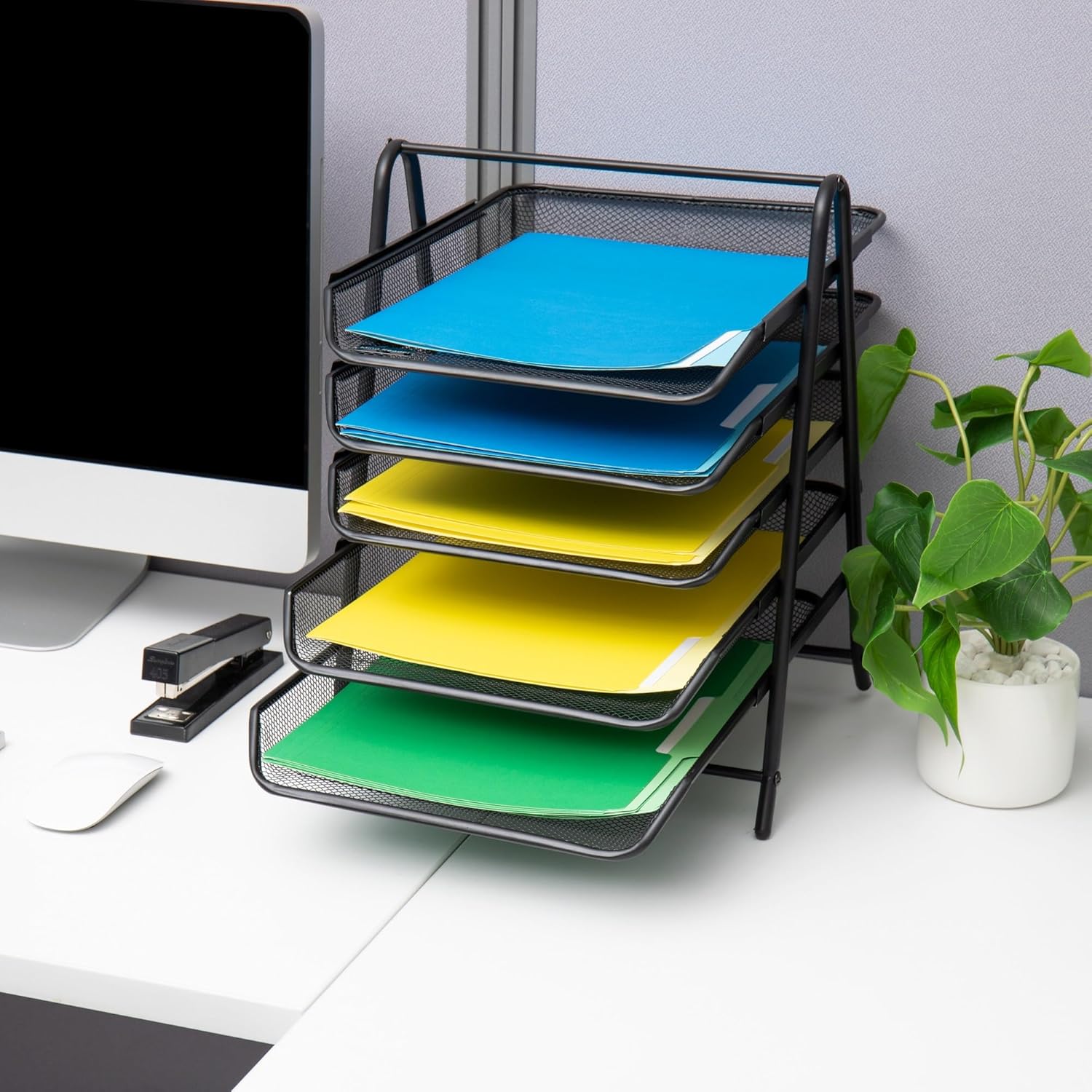 Mind Reader 5-Tier Paper Tray and 10 File Folders Desktop Organizer, 14-1/2inH x 14inW x 11-3/4inD, Black