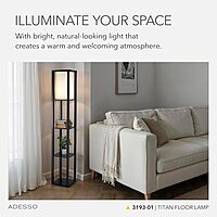 Adesso Square Floor Lamp with 3-Tier Open Shelves, Black Base, Fabric Shade, 72” T x 10.5” W, Extended Length Cord