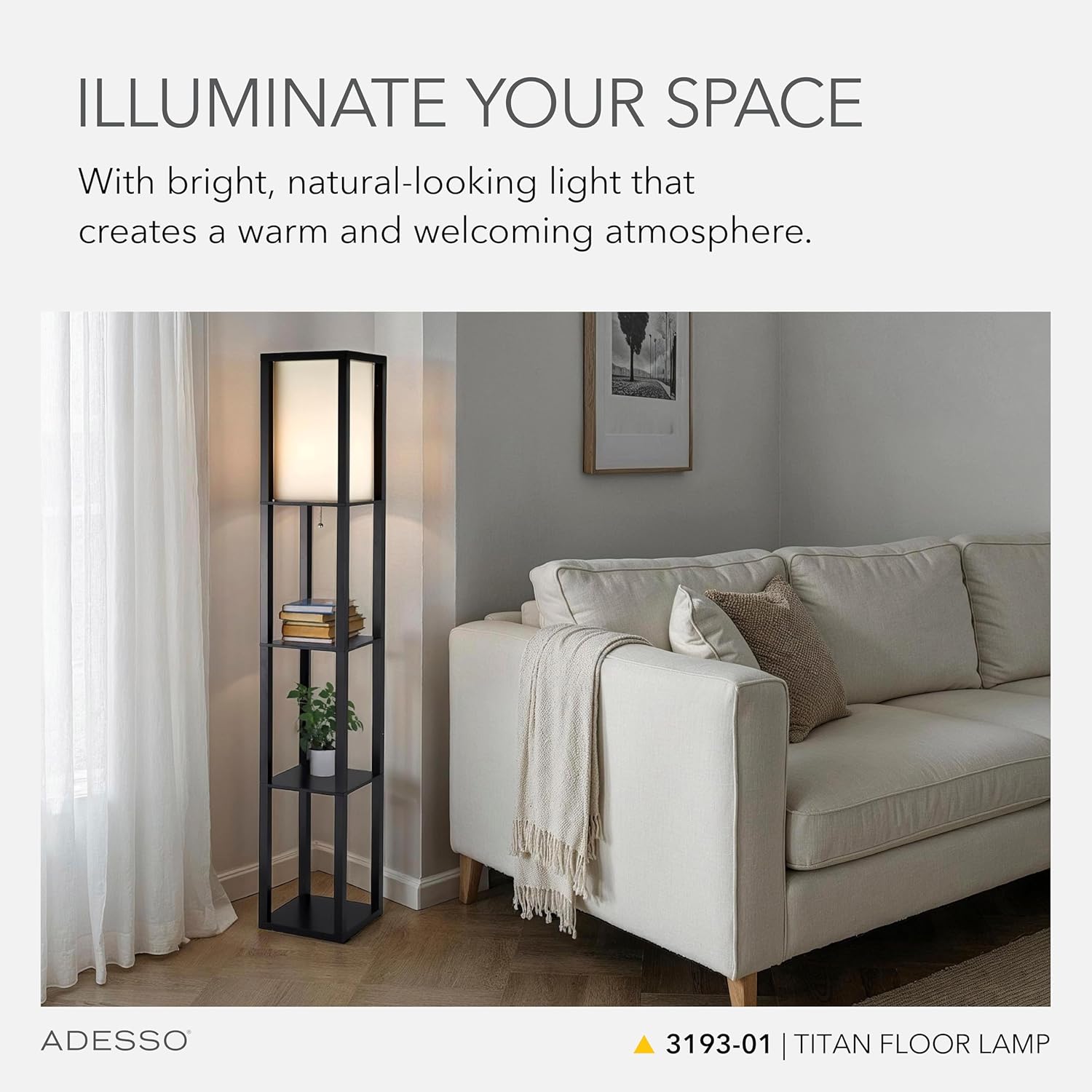 Adesso Square Floor Lamp with 3-Tier Open Shelves, Black Base, Fabric Shade, 72” T x 10.5” W, Extended Length Cord