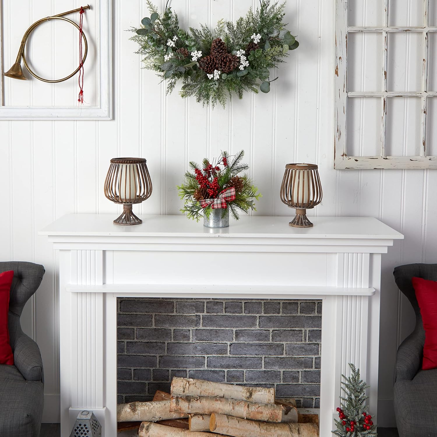 Nearly Natural 12in. Holiday Winter Pinecones, Berries, Greenery and Plaid Bow Artificial Christmas Table Arrangement 10 In