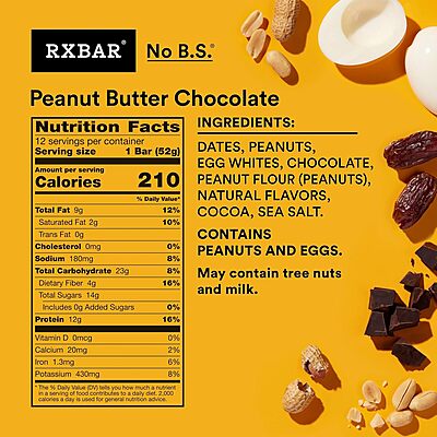RXBAR Protein Bars, Protein Snack, Snack Bars, Peanut Butter Chocolate, 22oz Box (12 Bars) 12 Count (Pack of 1)
