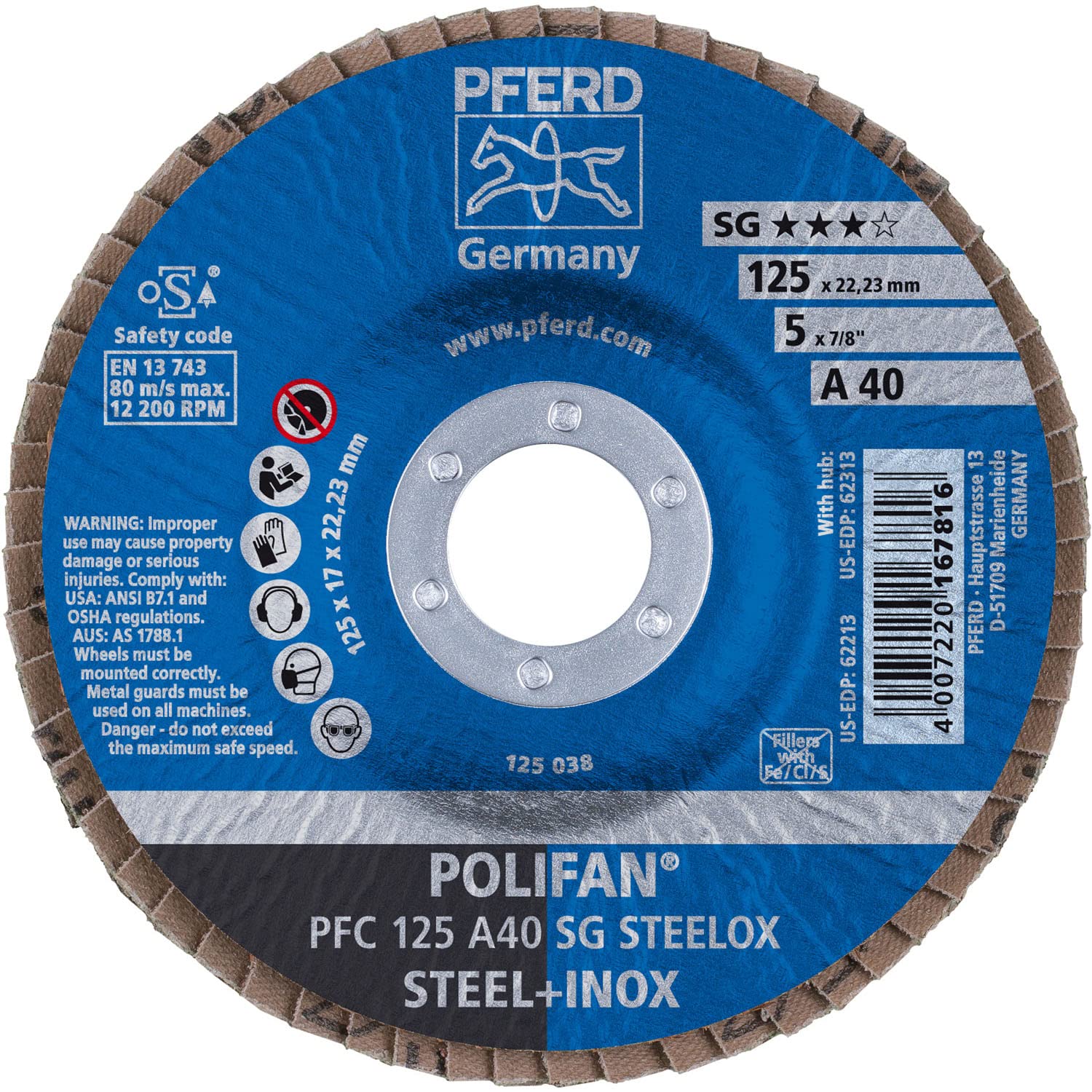 PFERD 62213 5" x 7/8" POLIFAN Flap Disc - Conical SG, Aluminum Oxide, 40 (10 Pack)