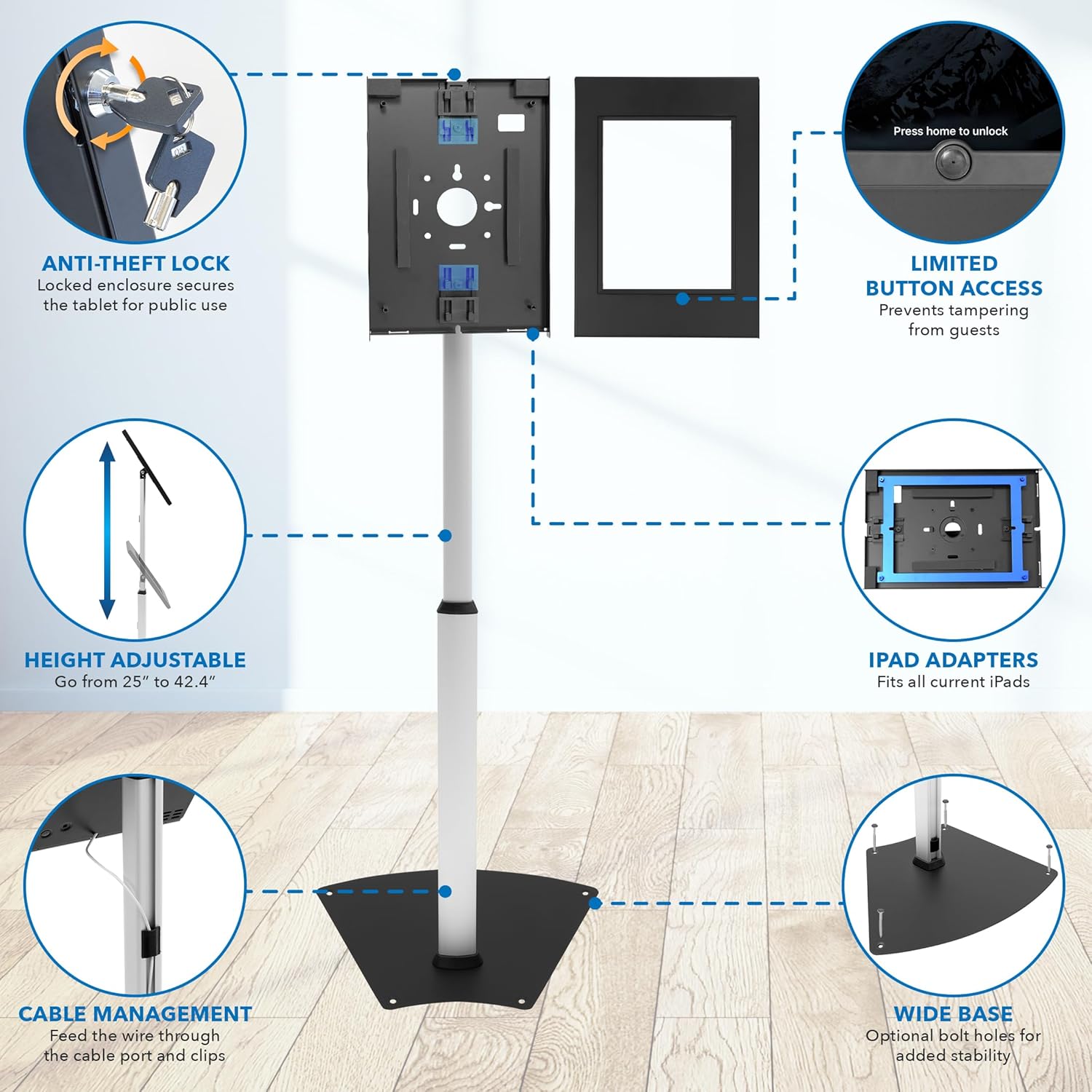 Mount-It! Anti-Theft Tablet Kiosk Floor Stand Compatible with iPad 10, 9, 8, Pro 11, 10.5, Air 10.5