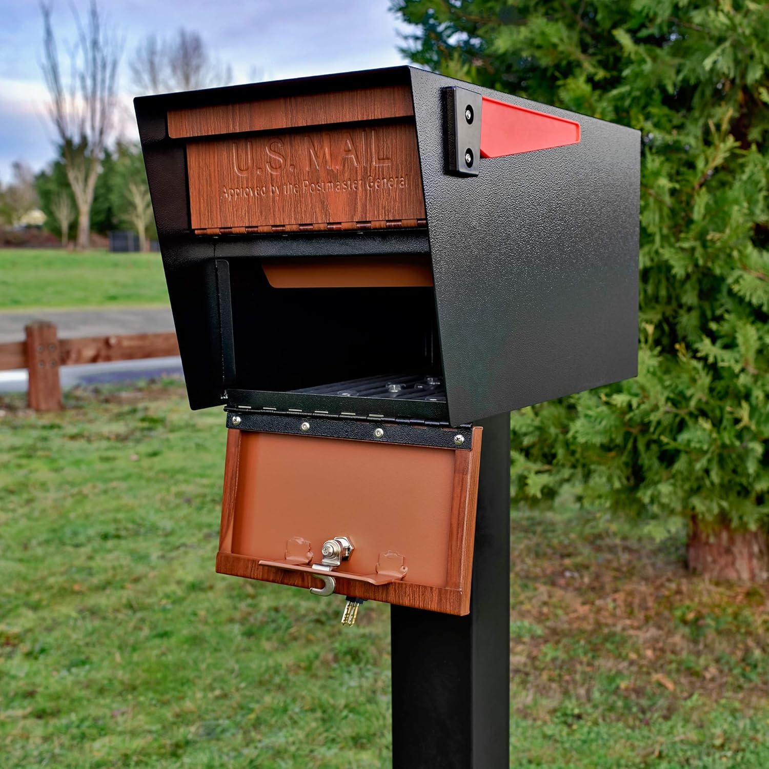 Mail Boss Curbside, Wood Grain 7510 Mail Manager Locking Security Mailbox, Steel, Black Black Mailbox