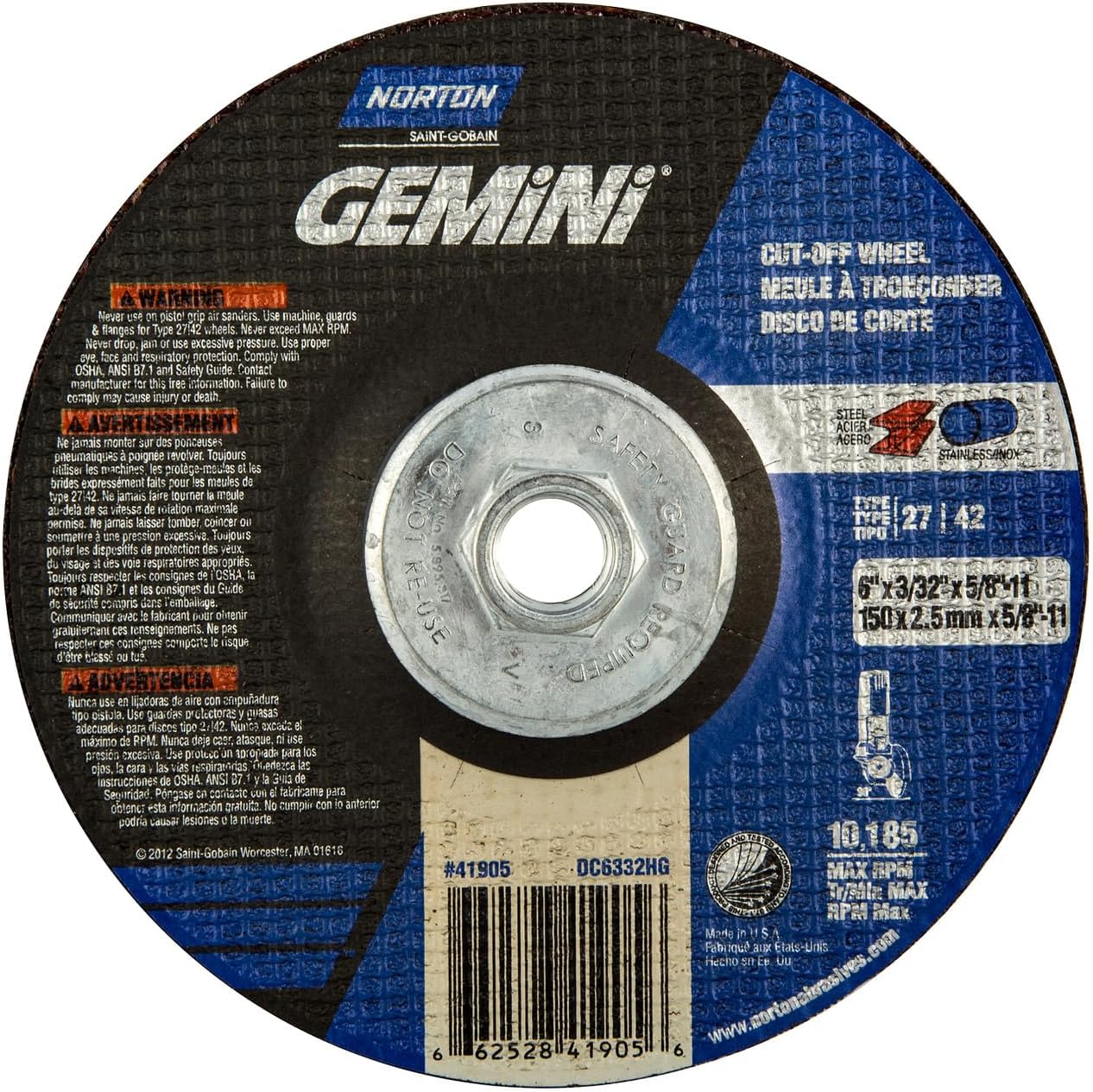 Norton 66252841905 6x.045x5/8-11 In. Gemini AO Right Angle Cut-Off Wheels, Type 27/42, 24 Grit, 10 pack