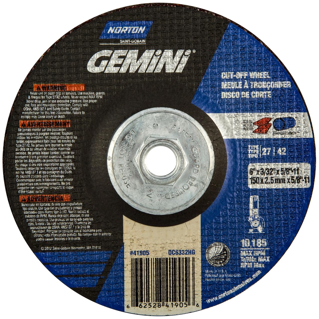 Norton 66252841905 6x.045x5/8-11 In. Gemini AO Right Angle Cut-Off Wheels, Type 27/42, 24 Grit, 10 pack