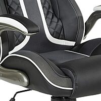 OSP Home Furnishings Xplorer 51 Ergonomic Adjustable High Back Gaming Chair with Lumbar Support and Padded Flip Arms, Black Faux Leather with White Trim