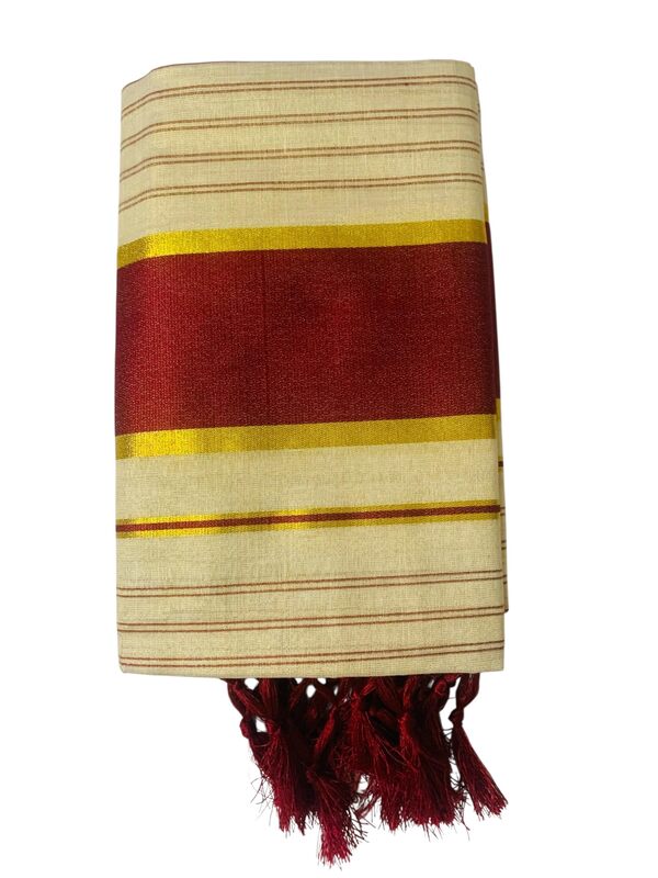 Women's Kuthampully Kerala Kasavu Set mundu Tissue with Kunjam | Kerala Tissue set mundu latest collections | Kuthampully Stripe Kasavu set mundu - Multi Color KTM-901 (Maroon)