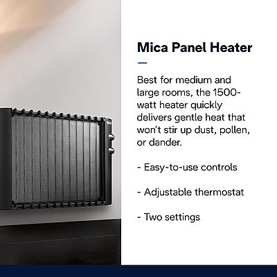 DeLonghi Mica Panel Space Heater, 1500W quiet electric space heater for indoor use, adjustable thermostat