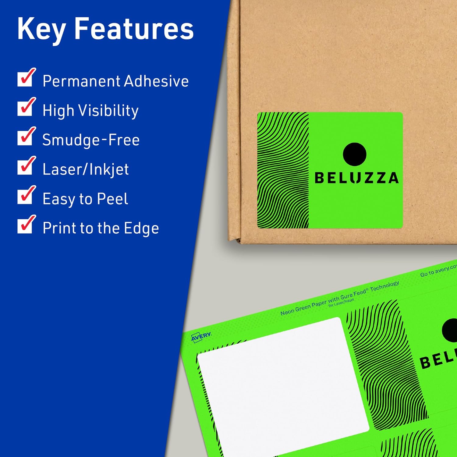 Avery Printable Rectangle Labels, Sure Feed Technology, 4" x 3", Neon Green, Print-to-the-Edge, Laser/Inkjet