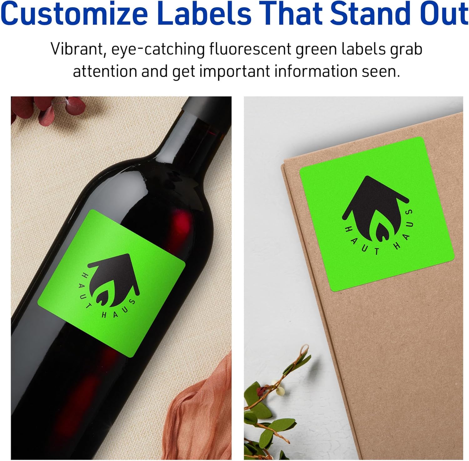 Avery Printable Square Labels, Sure Feed Technology, 3" x 3", Neon Green, Print-to-The-Edge, Laser/Inkjet Printable