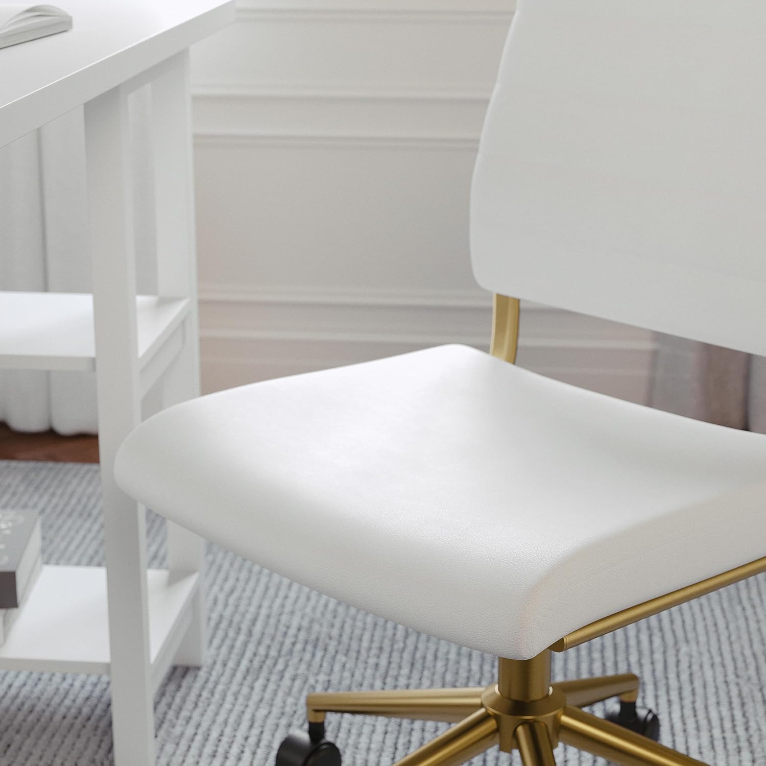 Martha Stewart Ivy Armless Swivel Task Chair in Faux Leather with Polished Brass Frame