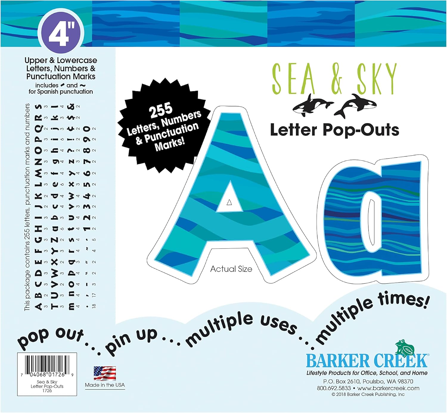 BARKER CREEK Letter Pop-Outs, 4" Sea & Sky, Multicolor Designer Letters for Bulletin Boards, Breakrooms, Reception Areas