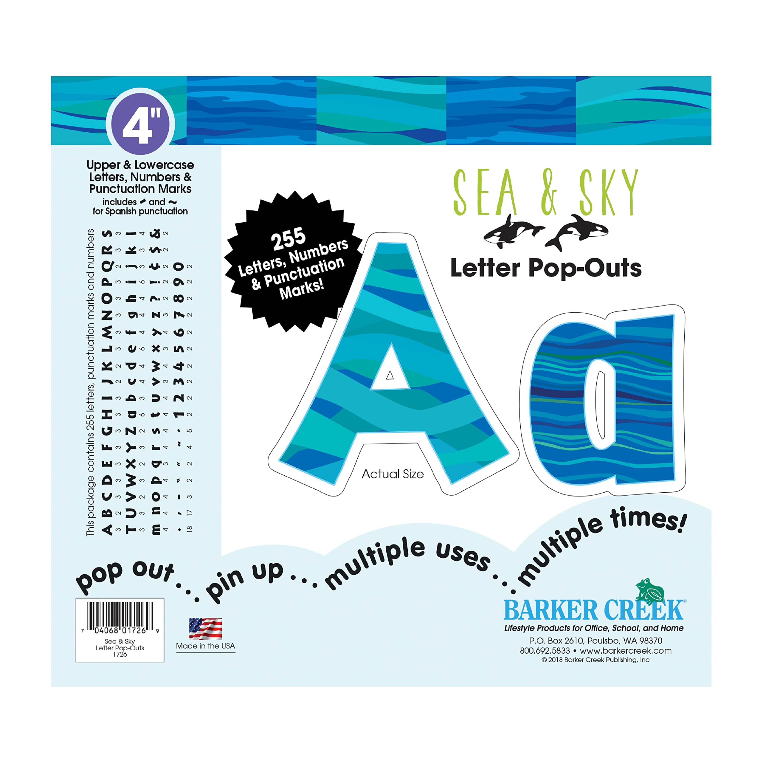 BARKER CREEK Letter Pop-Outs, 4" Sea & Sky, Multicolor Designer Letters for Bulletin Boards, Breakrooms, Reception Areas