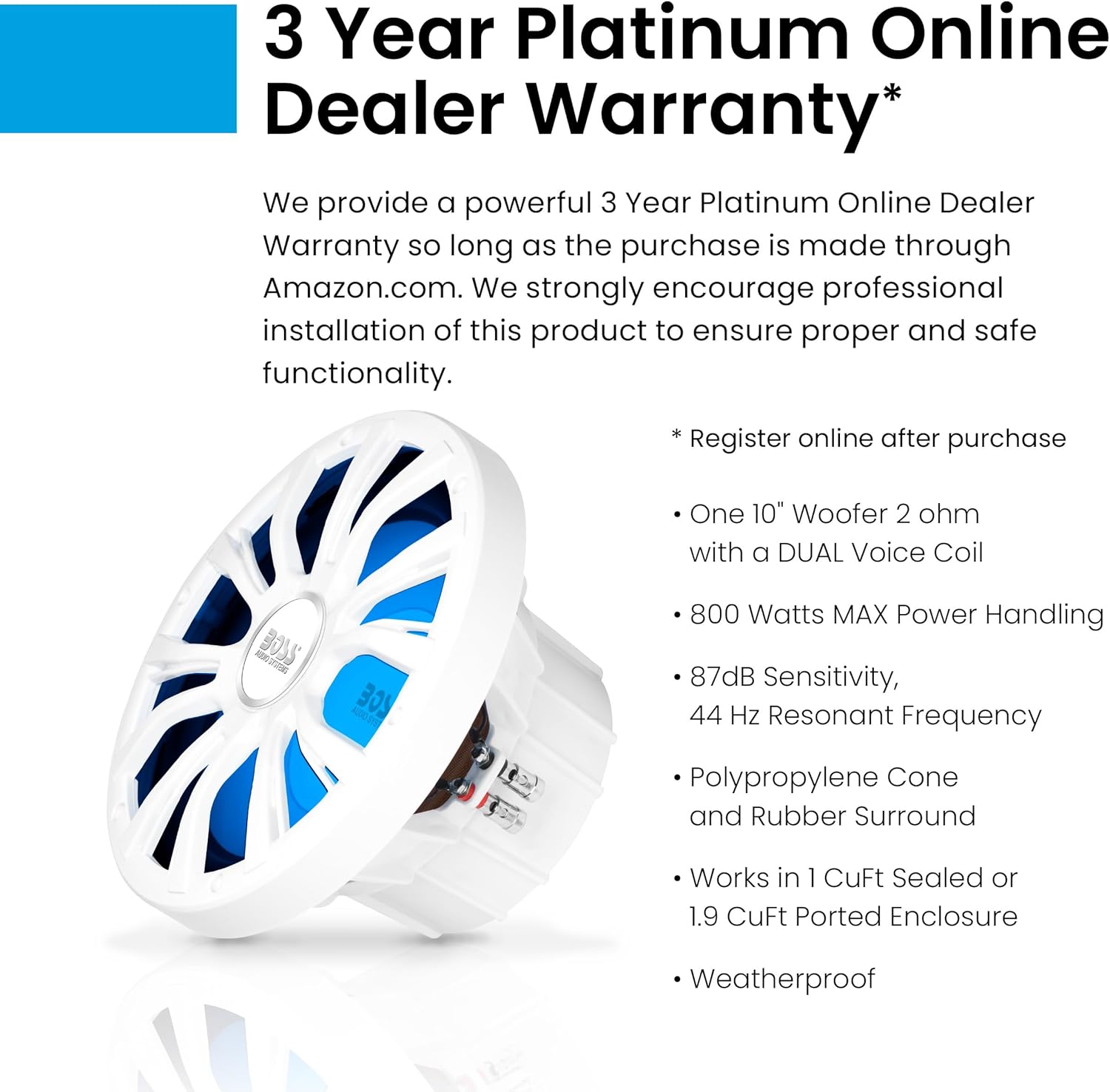 BOSS Audio Systems MRGB10W 10 Inch Boat Subwoofer - 800 Watts Max, Dual 2 Ohm Voice Coil, Multicolor Illumination