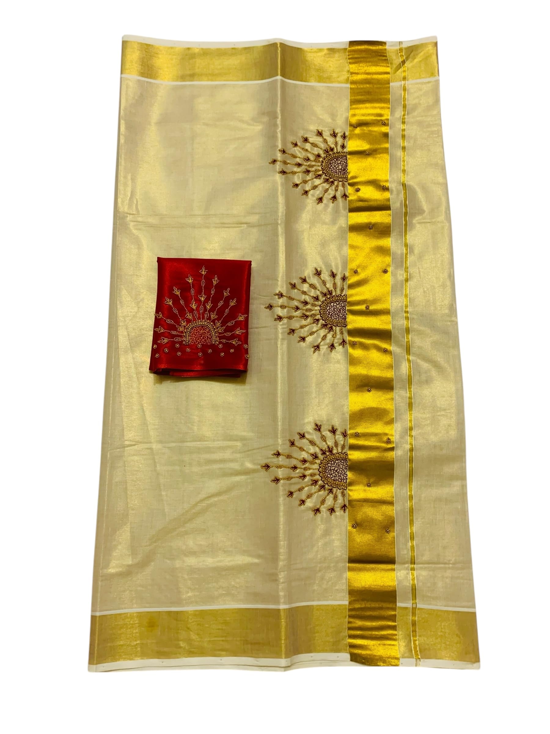 Kuthampully Kerala Kasavu Sarees For Women | Handcrafted Aari work Kerala Sarees | Tissue Onam Saree With Running Blouse | South Indian Sarees | Onam Saree EKM-858 (Maroon)