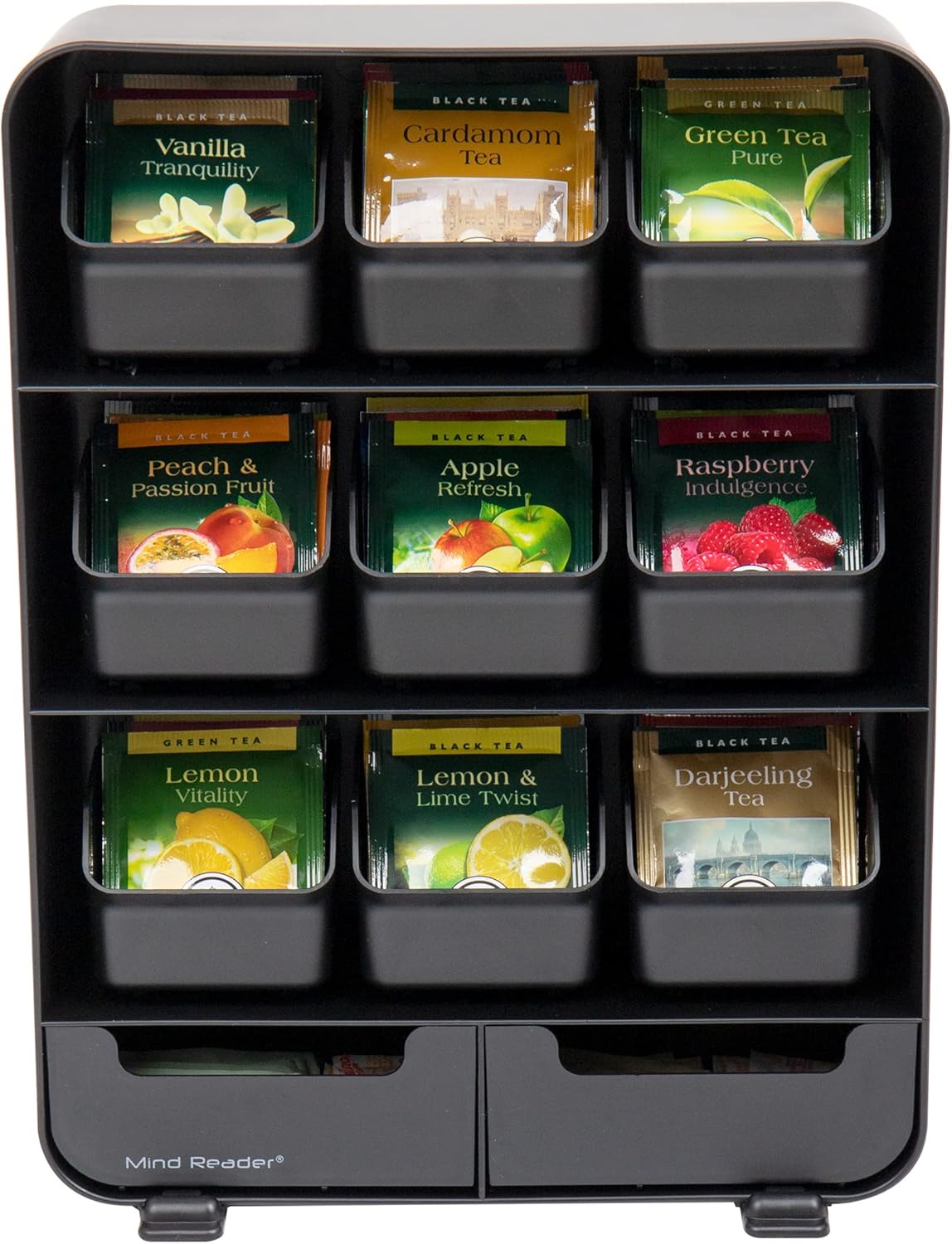 Mind Reader Tea Bag Organizer, Tea Station Organizer, Countertop Storage, Kitchen, Plastic, 10.25"L x 3.25"W x 13.75"H, Black